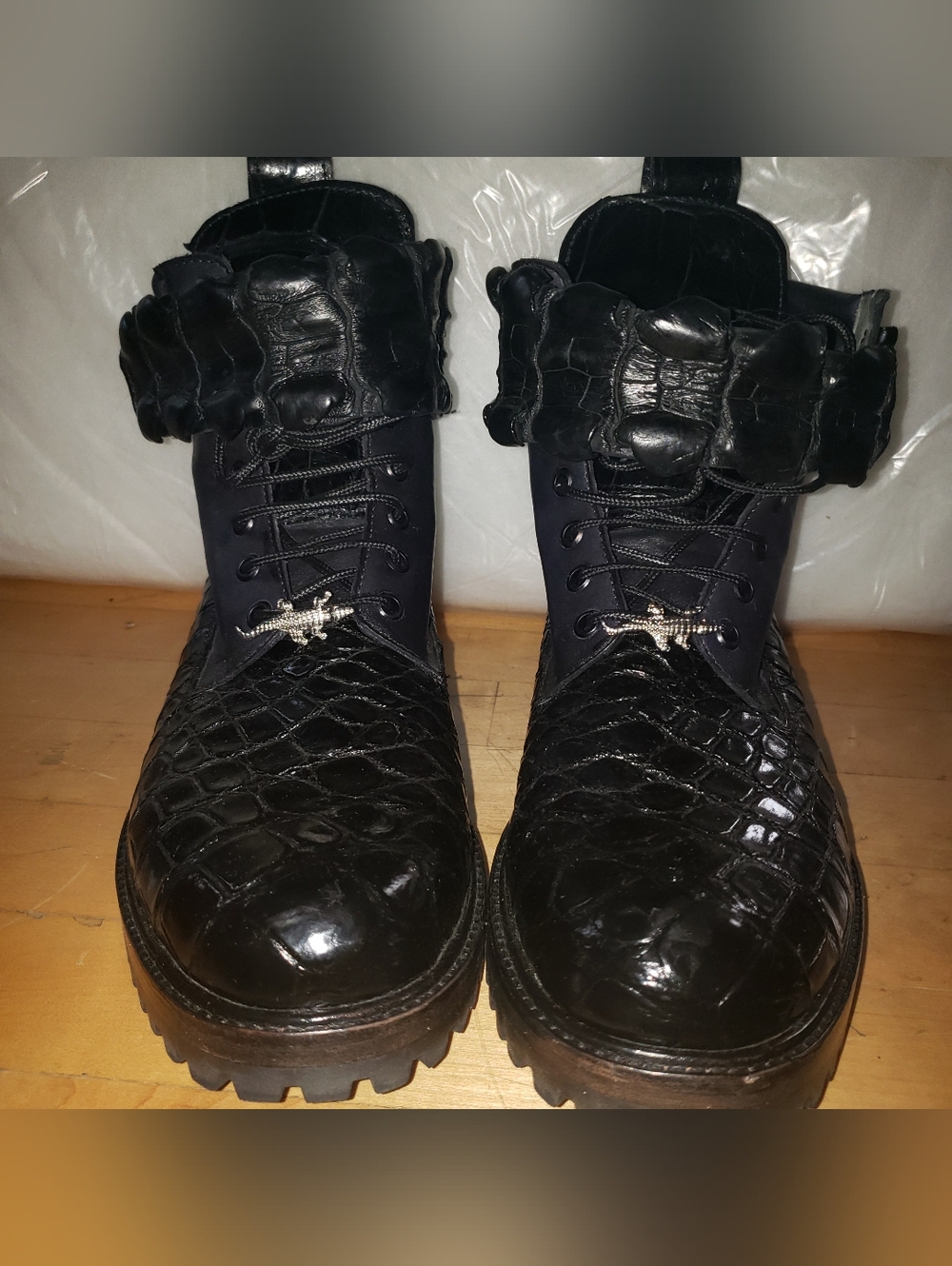 Genuine Alligator Skin Black On Black Combat Boots Men 9 READ Below